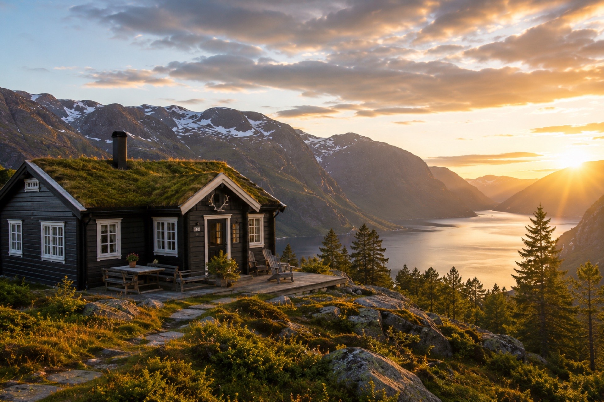 Norweska hytte nad fiordem o zachodzie słońca